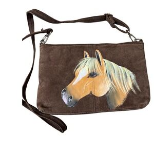Suede Leather Crossbody Bag Hand Painted‎ Horse Equestrian Handbag Purse Unique